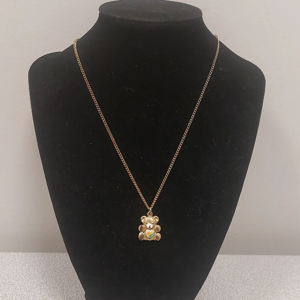 Vintage Gold Toned Teddy Bear Heart Rainbow Belly Pendant  Necklace on Chain